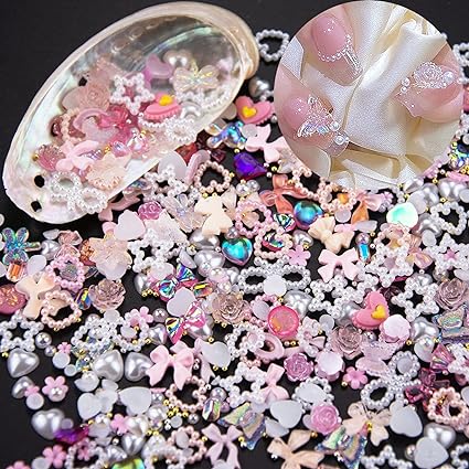 500Pcs Assorted Pearls 3D Nail Charms Pink Multi Shapes Heart Flower Bowknot Nail Charms Mix Heart Star Bows Round White Pearls Nail Beads Charms for Manicure DIY Crafts Jewelry Accessories