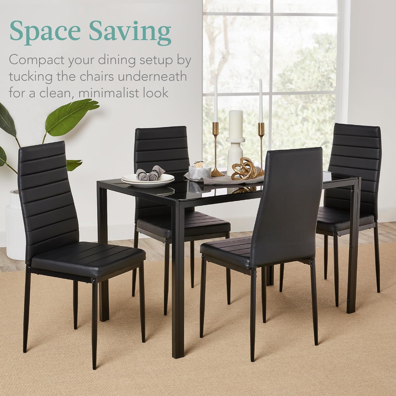 5-Piece Glass Dining Set, Modern Kitchen Table Furniture for Dining Room, Dinette, Compact Space-Saving w/Glass Tabletop, 4 Upholstered PU Chairs, Metal Steel Frame - Black