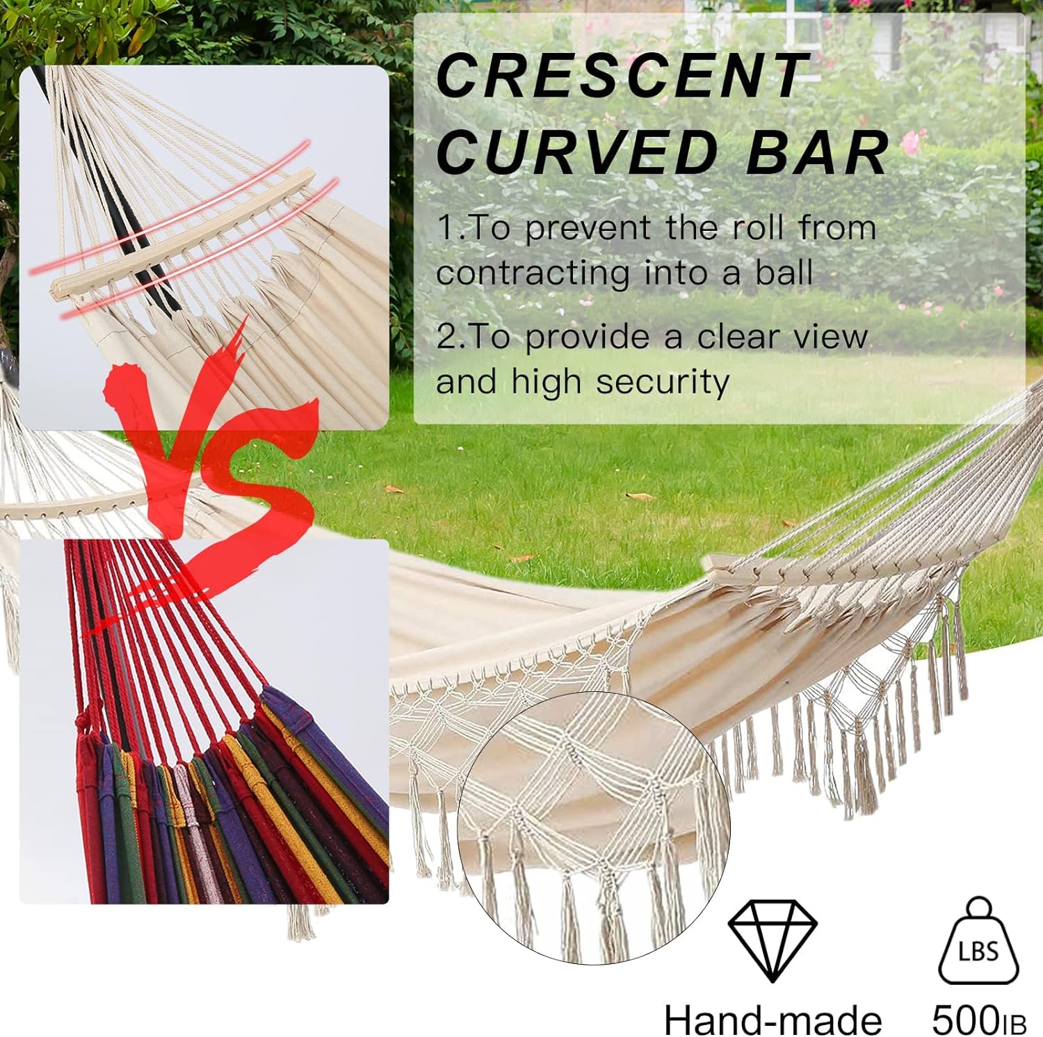 Hammock Hanging Swing Double Max 500lbs Macrame for Indoor Outdoor Patio Yard Garden (Beige)