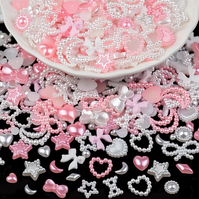 1200Pcs 3D Multi Shapes Nail Charms and Flatback Pearls, White&Pink Mix Styles Heart Star Bow Sunflower Embellishments for Nail Art, Craft and Decoration with Tweezer and Pickup Pencil