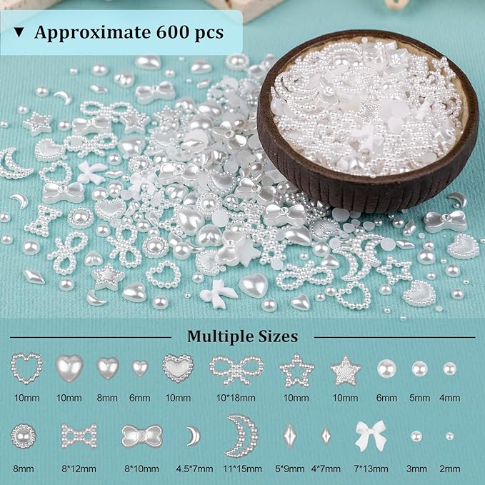 600Pcs 3D Multi Shapes Nail Charms and Flatback Pearls, White Mix Styles Heart Star Bow Sunflower Embellishments for Nail Art, Craft and Decoration with Tweezer and Pickup Pencil