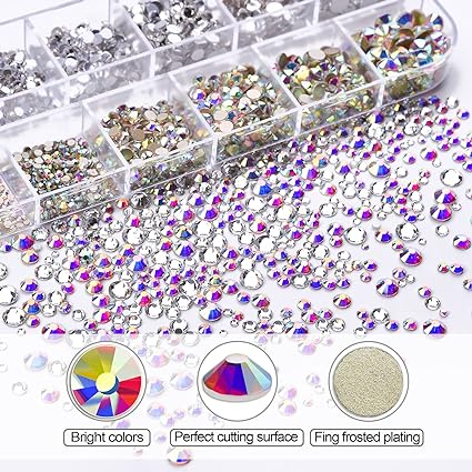 Nail Art Rhinestones Kit HUETFAT 2400pcs Nail Gems Ab Flatback Rhinestones Gems Stones, with Storage Organizer Box/Wax Pencil/Tweezers 6 Sizes (1.5-4.5 mm) for Nail Art Craft (2400pcs)