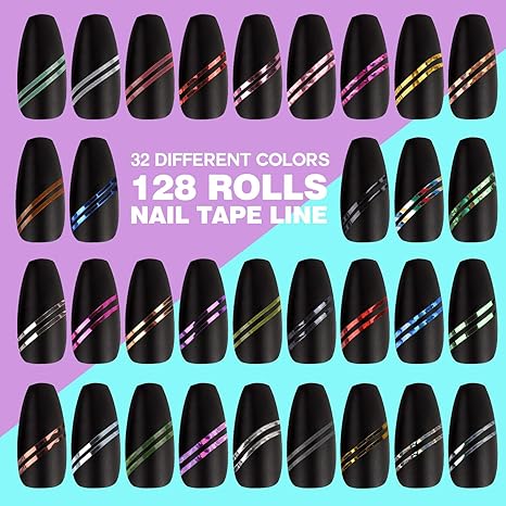 Fandamei 128 rollos de cinta adhesiva para rayas de uñas, 128 cintas adhesivas para líneas de rayas + 2 dispensadores de rodillos de cinta para uñas + 1 pinza para decoración de uñas. Etiqueta engomada de la decoración del arte del clavo Punta de uñas DIY 