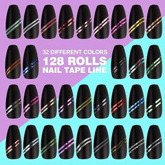 Fandamei 128 rollos de cinta adhesiva para rayas de uñas, 128 cintas adhesivas para líneas de rayas + 2 dispensadores de rodillos de cinta para uñas + 1 pinza para decoración de uñas. Etiqueta engomada de la decoración del arte del clavo Punta de uñas DIY 