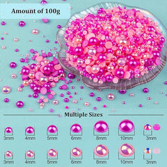 100g Flatback Pearls and Rhinestones Set 5-Rose Red&Pink, Mixed Size 3-10mm Resin Rhinestones and Half Pearls for Nail Art and Crafts and Decoration with Tweezer and Pickup Pencil