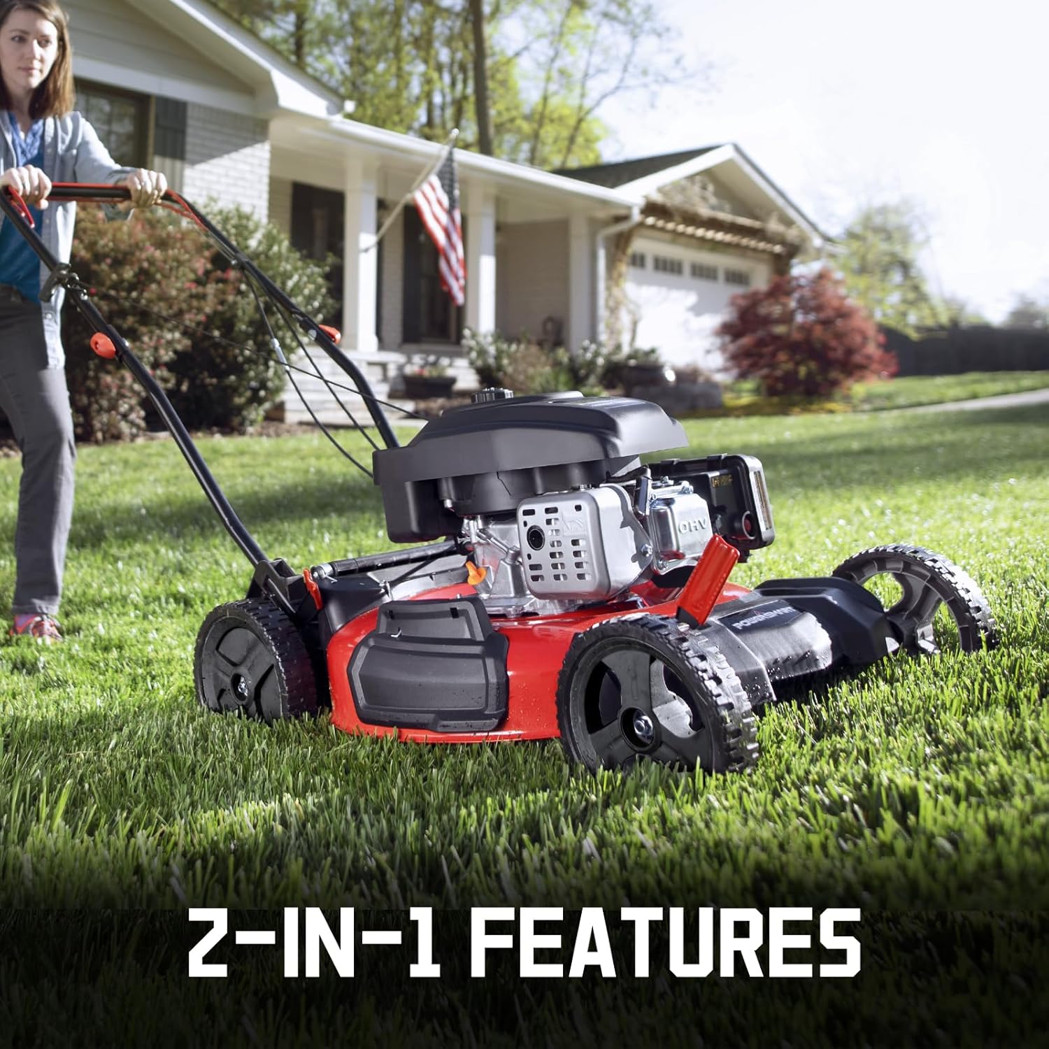 21 in. Gas Lawn Mower, 144cc 2-in-1 Mulching Push Mower with 6-Positions Height Adjustment, High Rear Wheels