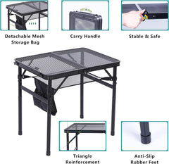 Table for Grill, Outdoor Table, Camping Table, Outdoor Cooking Table, Picnic Tables, Card Table Adjustable Height, Mesh Bag, Carry Handle (47.3” x 23.7“ x 14.7”/24.2“ Black)