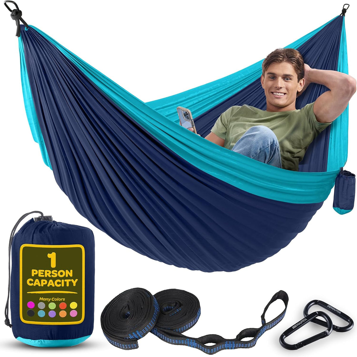 Durable Hammock 400 lb Capacity, Nylon Camping Hammock Chair - Double or Single Sizes w/Tree Straps and Attached Carry Bag - Portable for Travel/Backpacking/Beach/Backyard (Medium, Blue & Light Blue)