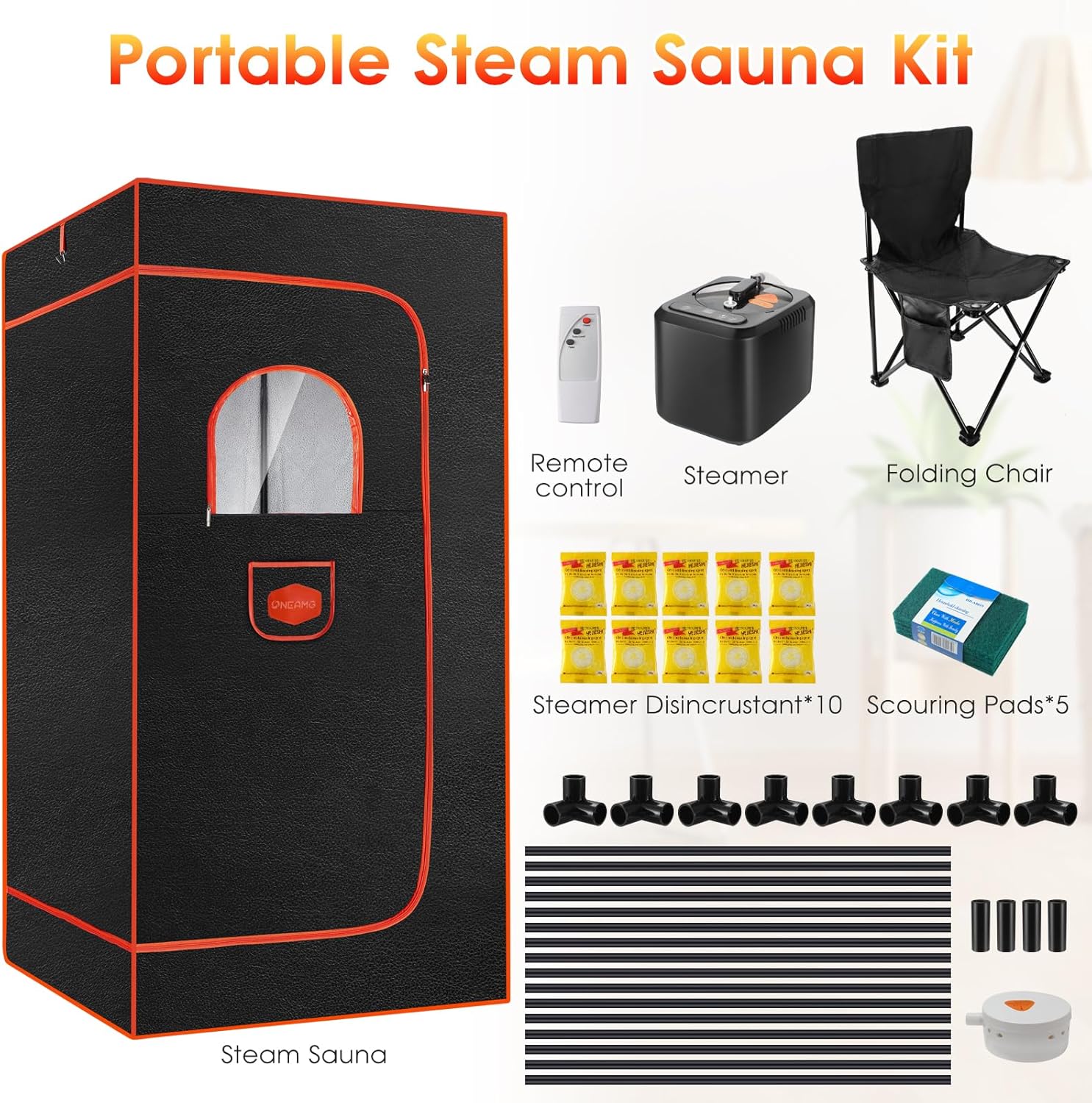 Upgraded Sauna, Portable Sauna Box, Portable Sauna for Home, Steam Sauna with 3L 1000W Steamer, Remote Control, Folding Chair, Home Sauna Tent for Gym Yoga, Pilates (Black with Orange)