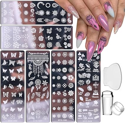 Kit de placas para estampado de uñas, 6 piezas, placas para estampado de uñas + 1 estampador + 1 raspador, mariposa, flor, plumas, flores, hojas de arce, rosas, plantilla de placa de uñas para mujer, decoración artística de moda retro