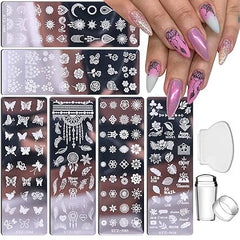 Nagelstempelplatten-Set, 6 Stück, Nagelstempelplatten + 1 Stempel + 1 Schaber, Schmetterling, Blume, Feder, Blumen, Ahornblätter, Rosen, Nagelplatten-Vorlage für Damen, Retro-Mode, Kunstdekoration