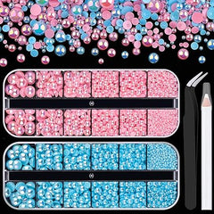 2 Boxes Flat Back AB Pearls Kit 16 Flatback Pink&Light Blue AB Half Round Pearls 2-8mm with Pickup Pencil and Tweezer for Home DIY and Face Makeup and Craft