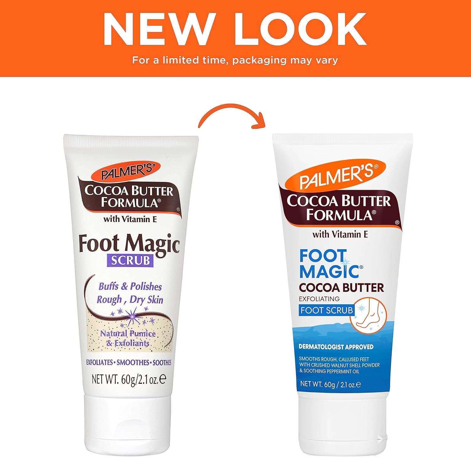 Palmer's Cocoa Butter Formula Foot Magic exfoliante para pies con vitamina E, uso con depurador de pies para pedicura, para pies secos y agrietados, 2.1 onzas