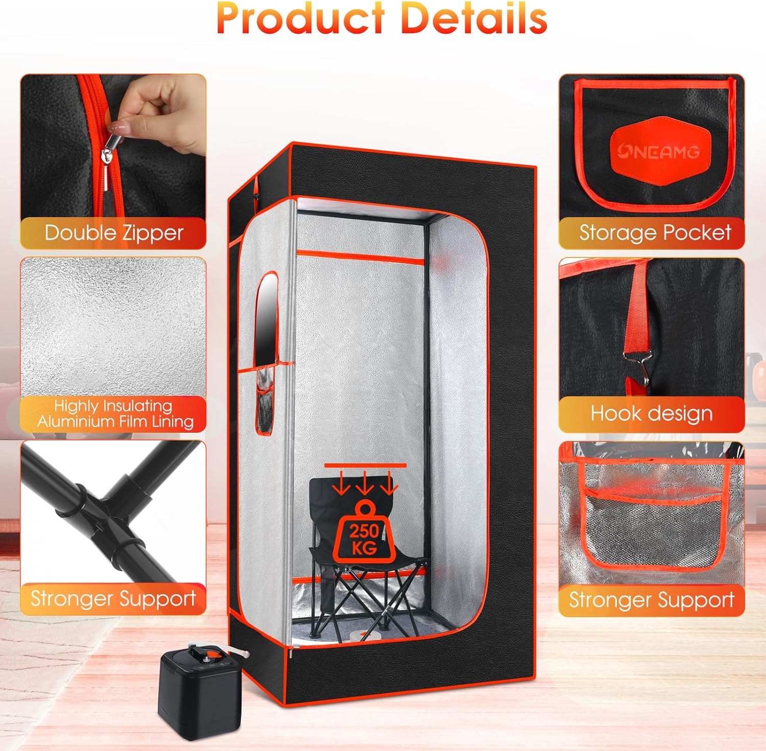 Upgraded Sauna, Portable Sauna Box, Portable Sauna for Home, Steam Sauna with 3L 1000W Steamer, Remote Control, Folding Chair, Home Sauna Tent for Gym Yoga, Pilates (Black with Orange)