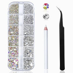 Nail Art Rhinestones Kit HUETFAT 2400pcs Nail Gems Ab Flatback Rhinestones Gems Stones, with Storage Organizer Box/Wax Pencil/Tweezers 6 Sizes (1.5-4.5 mm) for Nail Art Craft (2400pcs)