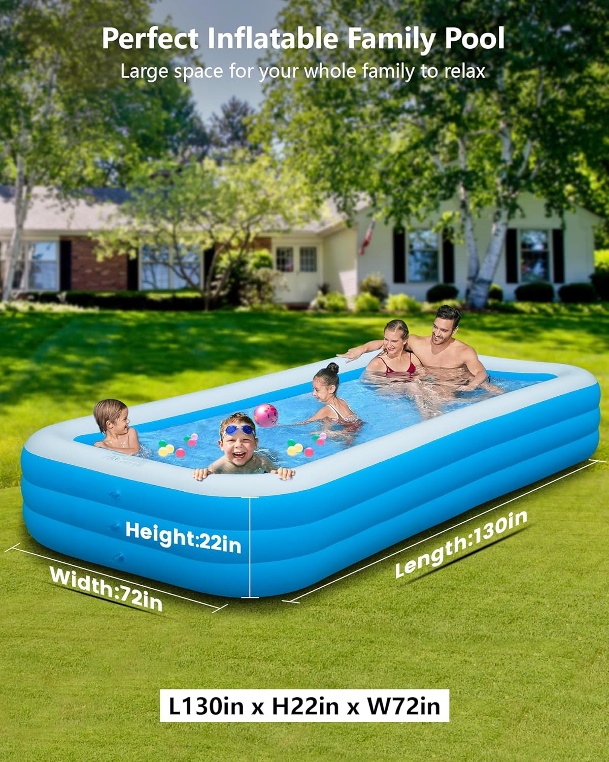 Large Inflatable Pool, 130" x 72" x 22" Oversized Blow Up Pool for Adult with Pump, Thickened Full Size Swimming Pool for Summer Water Party, Family, Backyard, Garden, Outdoor (Light Blue)