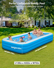 Large Inflatable Pool, 130" x 72" x 22" Oversized Blow Up Pool for Adult with Pump, Thickened Full Size Swimming Pool for Summer Water Party, Family, Backyard, Garden, Outdoor (Light Blue)