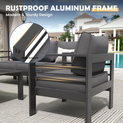 Aluminum Patio Furniture Set, 6 Pieces Modern Patio Conversation Sets, Outdoor Sectional Metal Sofa with Coffee Table for Balcony, Garden, Dark Grey (Included Waterproof Covers)