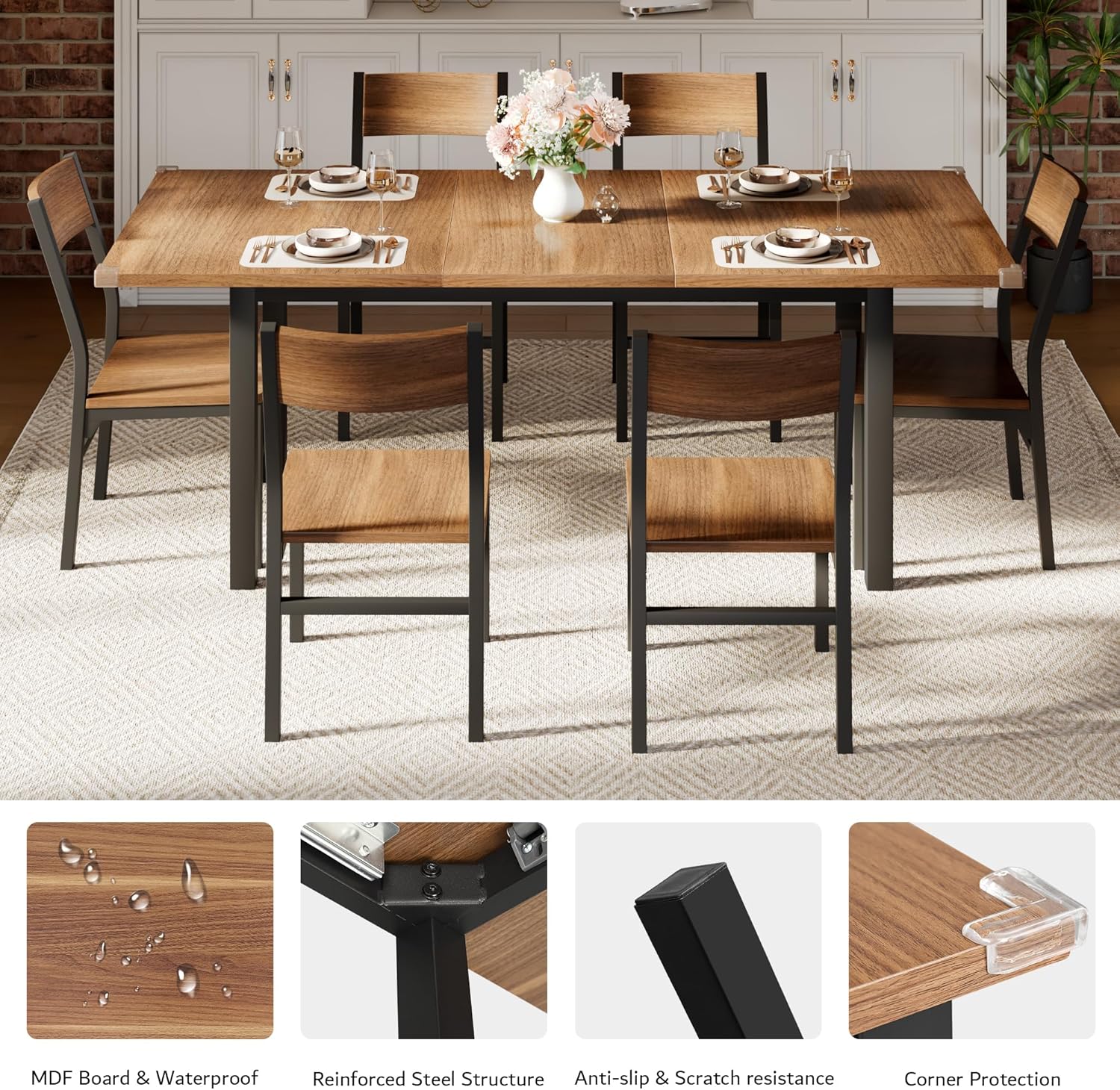 7-Piece Dining Table Set with 6 Chairs, 63" Extendable Kitchen Table & Chairs Set for 4-6, Dining Room Table with Metal Frame & MDF Board, Perfect for Small Space, Easy Clean, Walnut