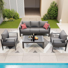 Aluminum Patio Furniture Set, 6 Pieces Modern Patio Conversation Sets, Outdoor Sectional Metal Sofa with Coffee Table for Balcony, Garden, Dark Grey (Included Waterproof Covers)