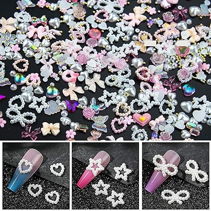 500Pcs Assorted Pearls 3D Nail Charms Pink Multi Shapes Heart Flower Bowknot Nail Charms Mix Heart Star Bows Round White Pearls Nail Beads Charms for Manicure DIY Crafts Jewelry Accessories