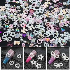 500 piezas de perlas surtidas 3D para uñas, color rosa, múltiples formas, corazón, flor, lazo, mezcla de corazón, estrella, lazos, perlas blancas redondas, cuentas de uñas para manicura, manualidades, accesorios de joyería 