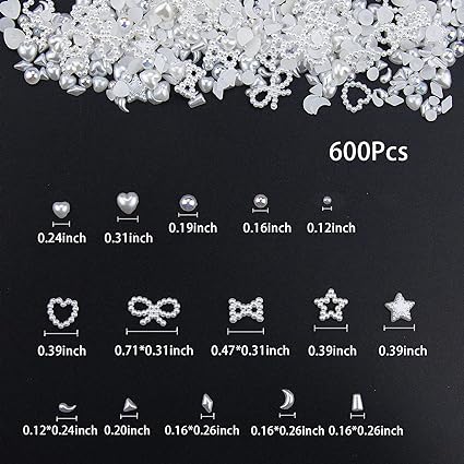 600Pcs White Assorted Pearls Nail Charms Multi Shapes Sizes 3D White Heart Star Bowknot Moon Round Beads ABS Flatback Pearls 3D Nail Beads Charms for Manicure DIY Crafts Jewelry Accessories