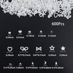 600 Stück weiße, verschiedene Perlen, Nagel-Charms, verschiedene Formen, Größen, 3D-weißes Herz, Stern, Schleife, Mond, runde Perlen, ABS-Perlen mit flacher Rückseite, 3D-Nagelperlen-Charms für Maniküre, DIY, Basteln, Schmuckzubehör 