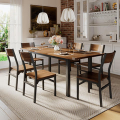 7-Piece Dining Table Set with 6 Chairs, 63" Extendable Kitchen Table & Chairs Set for 4-6, Dining Room Table with Metal Frame & MDF Board, Perfect for Small Space, Easy Clean, Walnut