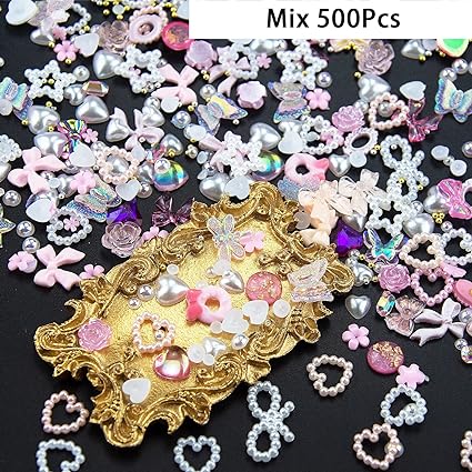 500Pcs Assorted Pearls 3D Nail Charms Pink Multi Shapes Heart Flower Bowknot Nail Charms Mix Heart Star Bows Round White Pearls Nail Beads Charms for Manicure DIY Crafts Jewelry Accessories