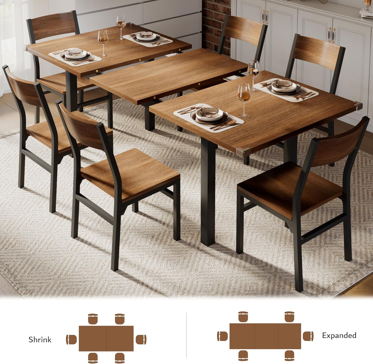 7-Piece Dining Table Set with 6 Chairs, 63" Extendable Kitchen Table & Chairs Set for 4-6, Dining Room Table with Metal Frame & MDF Board, Perfect for Small Space, Easy Clean, Walnut