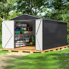 8 x 12 FT Outdoor Storage Shed, Metal Garden Shed with with Updated Frame Structure, Tool Sheds for Backyard Garden Patio Lawn Black