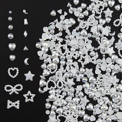 600Pcs White Assorted Pearls Nail Charms Multi Shapes Sizes 3D White Heart Star Bowknot Moon Round Beads ABS Flatback Pearls 3D Nail Beads Charms for Manicure DIY Crafts Jewelry Accessories