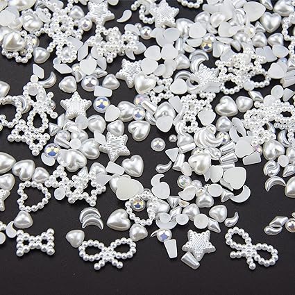 600Pcs White Assorted Pearls Nail Charms Multi Shapes Sizes 3D White Heart Star Bowknot Moon Round Beads ABS Flatback Pearls 3D Nail Beads Charms for Manicure DIY Crafts Jewelry Accessories