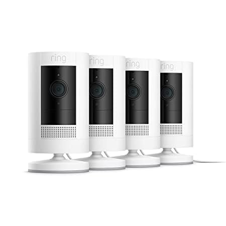 Ring Stick Up Cam Plug-In | Weather-Resistant Outdoor Camera, Live View, Color Night Vision, Two-way Talk, Motion alerts, Works with Alexa | 4-Pack | White