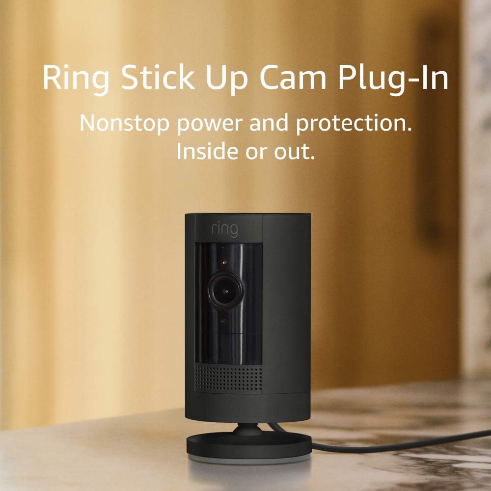 Ring Stick Up Cam Plug-In | Weather-Resistant Outdoor Camera, Live View, Color Night Vision, Two-way Talk, Motion alerts, Works with Alexa | 4-Pack | White