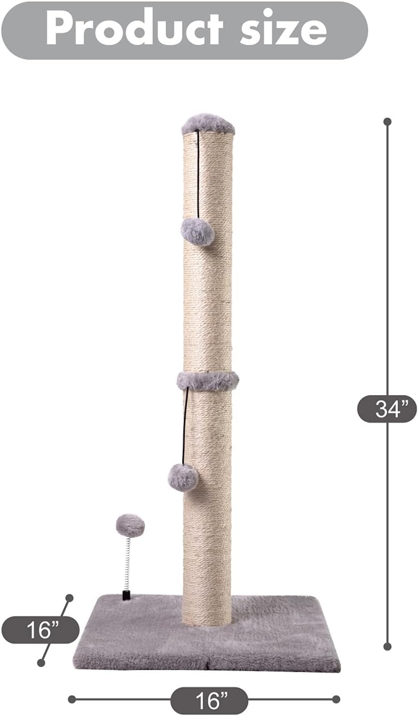 MECOOL 34” Tall Cat Scratching Post Premium Basics Kitten Scratcher Sisal Scratch Posts Trees with Hanging Ball for Indoor Cats (34 inches for Adult Cats, Beige)