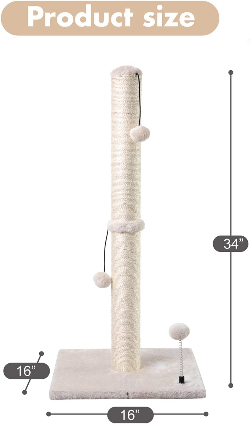 MECOOL 34” Tall Cat Scratching Post Premium Basics Kitten Scratcher Sisal Scratch Posts Trees with Hanging Ball for Indoor Cats (34 inches for Adult Cats, Beige)