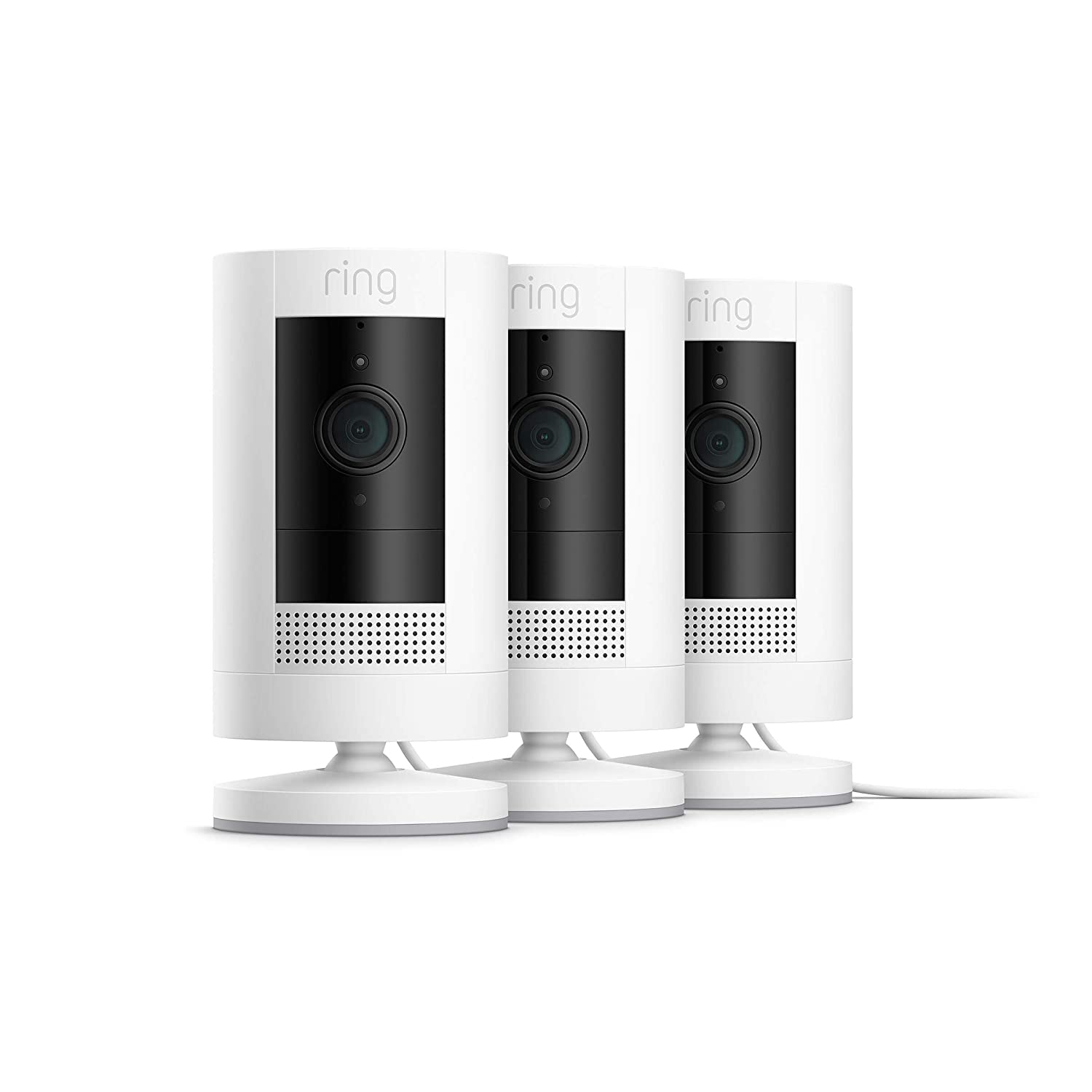 Ring Stick Up Cam Plug-In | Weather-Resistant Outdoor Camera, Live View, Color Night Vision, Two-way Talk, Motion alerts, Works with Alexa | 4-Pack | White