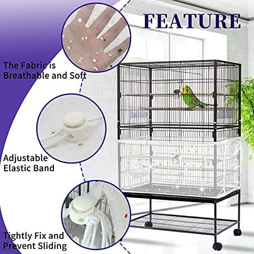 Daoeny Large Bird Cage Cover, Bird Cage Seed Catcher, Adjustable Soft Airy Nylon Mesh Net, Birdcage Cover Skirt Seed Guard for Parrot Parakeet Macaw African Round Square Cages (Black)