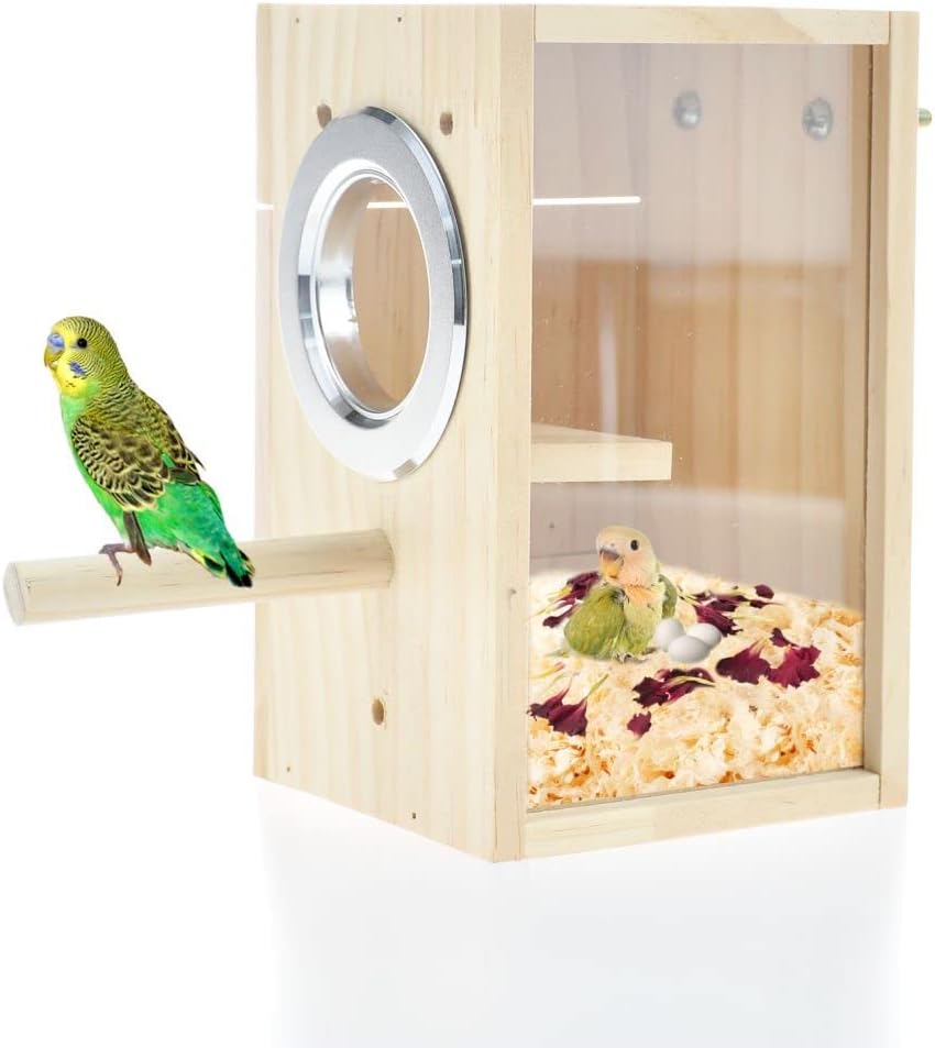 CooShou Bird Nest Box Parakeet Breeding Nest Box Bird Nest House Wooden Acrylic Transparent Breeding Box for Finch Lovebirds Cockatiel Budgie Conure Parrot