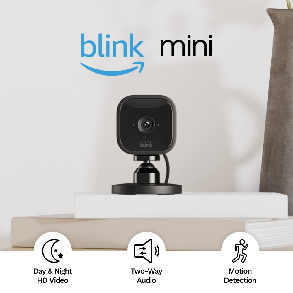 Blink Mini – Compact indoor plug-in smart security camera, 1080p HD video, night vision, motion detection, two-way audio, easy set up, Works with Alexa – 1 camera (Black)