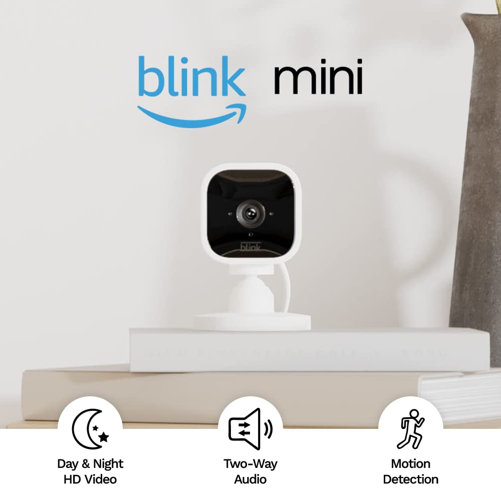 Blink Mini – Compact indoor plug-in smart security camera, 1080p HD video, night vision, motion detection, two-way audio, easy set up, Works with Alexa – 1 camera (Black)