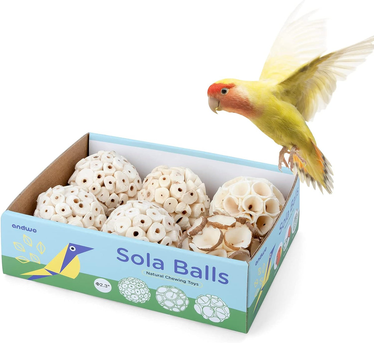 andwe Vogelspielzeug Sola Balls – natürliches, weiches Kau-, Zerkleinerungs- und Futtersuchspielzeug für Nymphensittiche, Sittiche, Quäker, Papageien, Wellensittiche, Sittiche, Kaninchen, Hasen, Meerschweinchen, Chinchillas (Stil 2 (6 Stück)) 