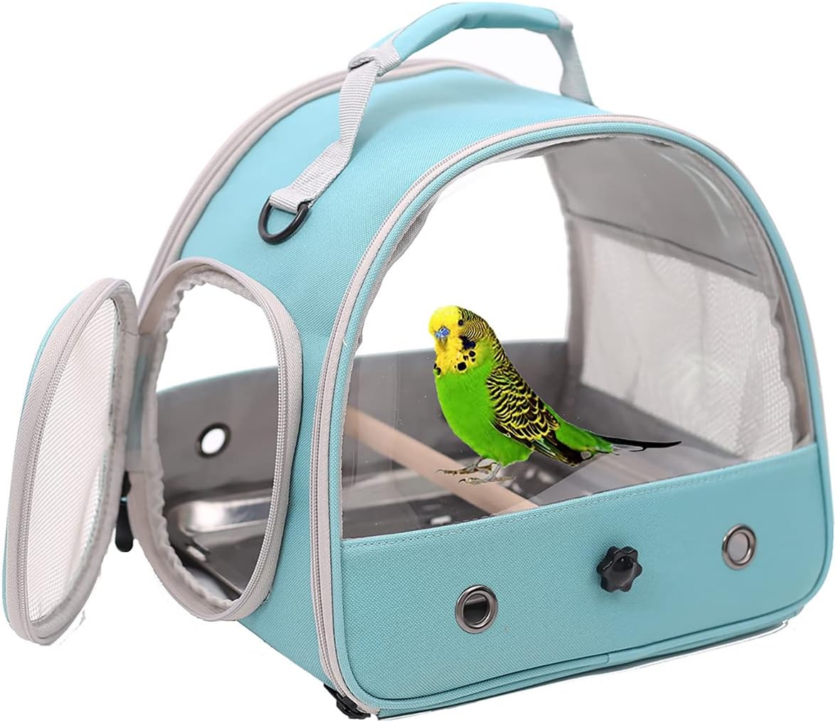 Small Bird Travel Cage Carrier, Portable Small Bird Parrot Parakeet Carrier with Standing Perch and Stainless Steel Tray, Side Access Window Collapsible