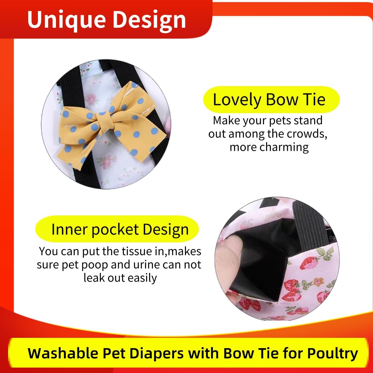 2 pañales de pollo reutilizables con 2 paquetes de collar de gallo, pañales para aves de corral, pañales para mascotas de uso múltiple para pollitos, patitos y ansarones, pañales de pato lavables con pajarita, accesorios para pollo (mediano) 