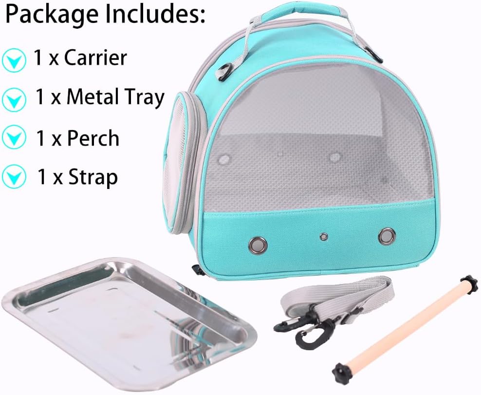 Small Bird Travel Cage Carrier, Portable Small Bird Parrot Parakeet Carrier with Standing Perch and Stainless Steel Tray, Side Access Window Collapsible