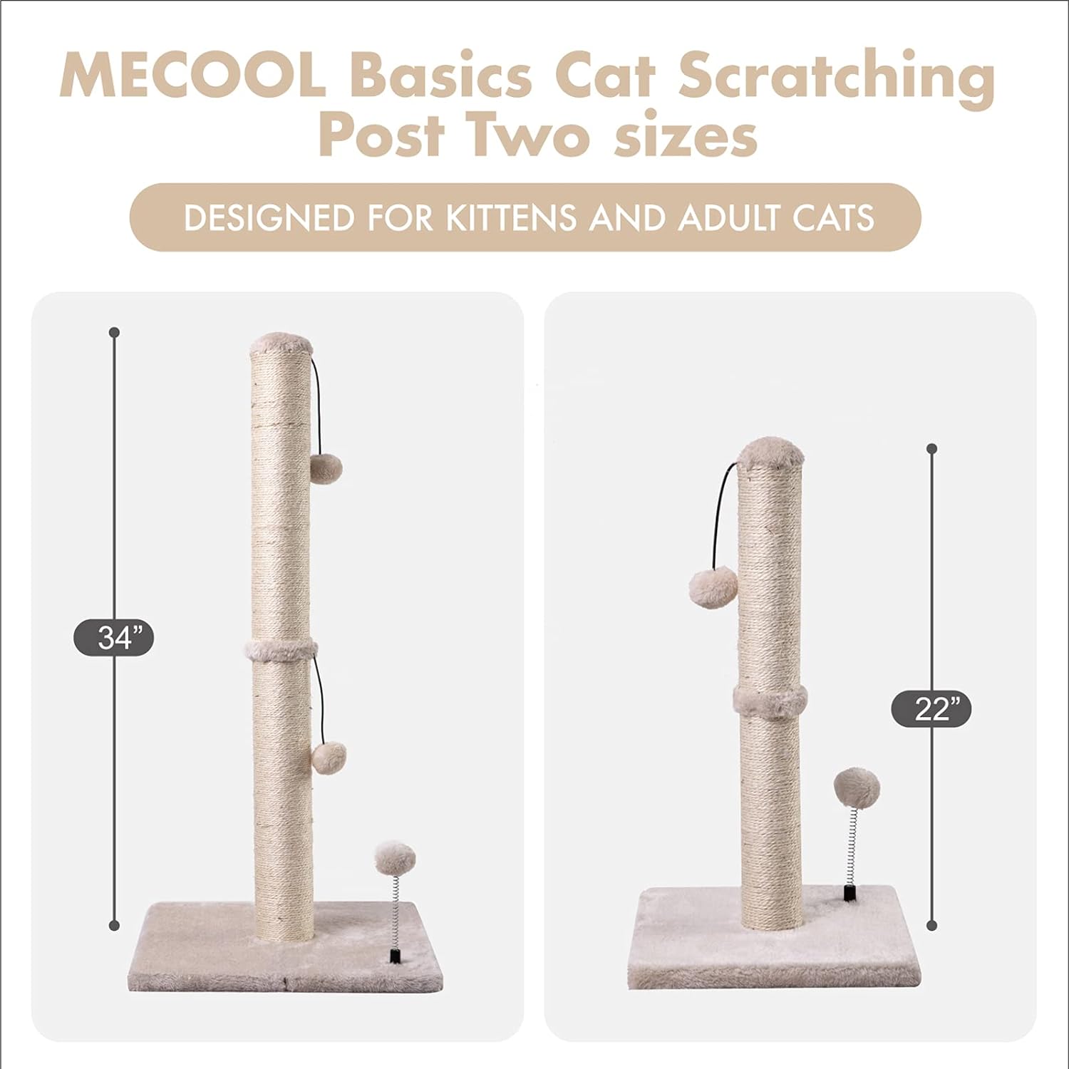 MECOOL 34” Tall Cat Scratching Post Premium Basics Kitten Scratcher Sisal Scratch Posts Trees with Hanging Ball for Indoor Cats (34 inches for Adult Cats, Beige)