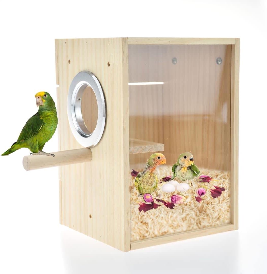 CooShou Bird Nest Box Parakeet Breeding Nest Box Bird Nest House Wooden Acrylic Transparent Breeding Box for Finch Lovebirds Cockatiel Budgie Conure Parrot