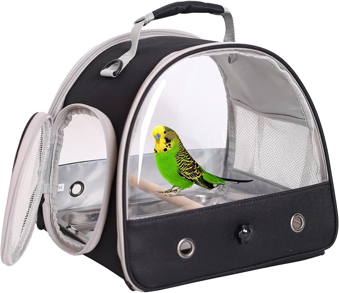 Small Bird Travel Cage Carrier, Portable Small Bird Parrot Parakeet Carrier with Standing Perch and Stainless Steel Tray, Side Access Window Collapsible